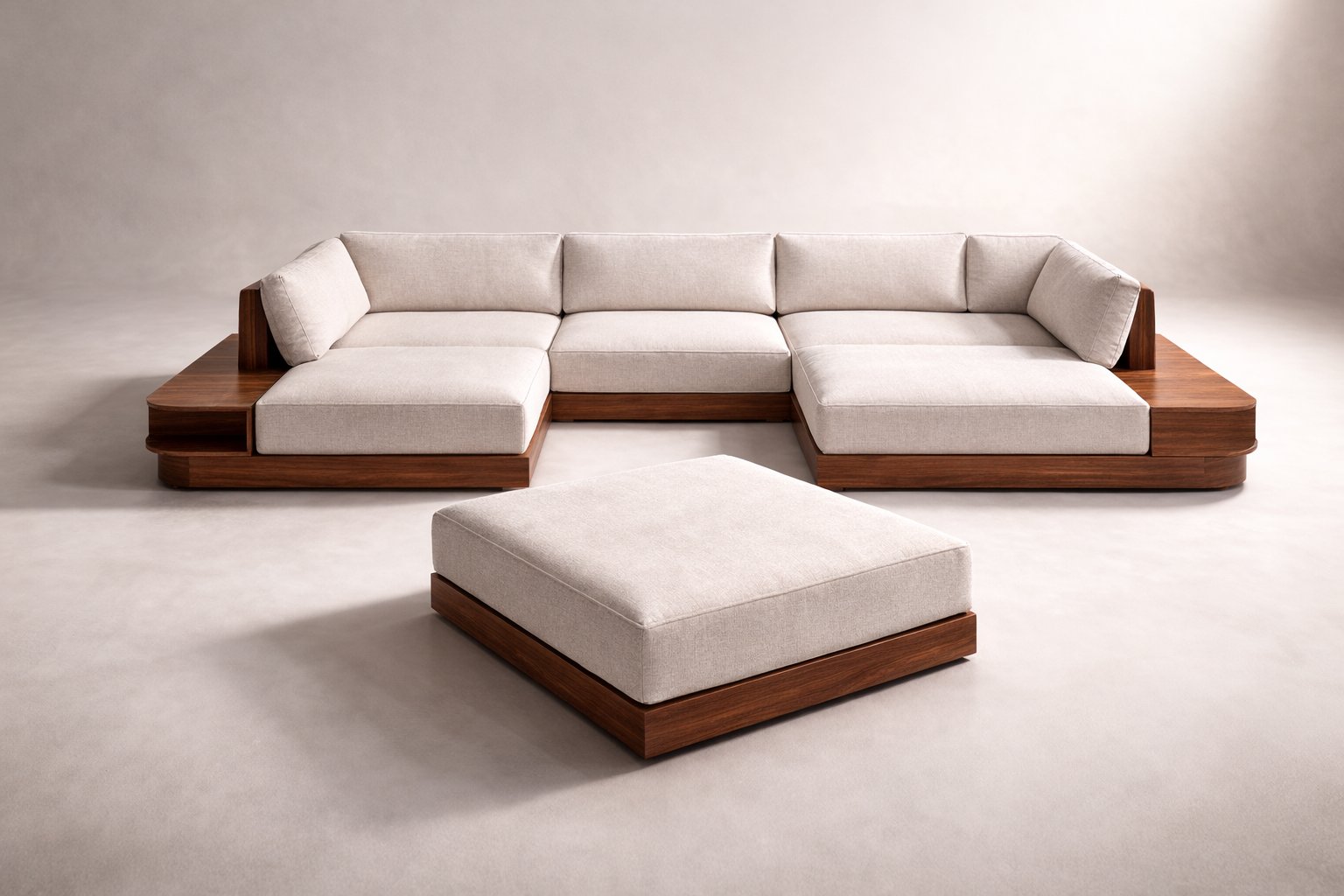 Walnut platform sofa system — custom upholstered furniture Bangkok
