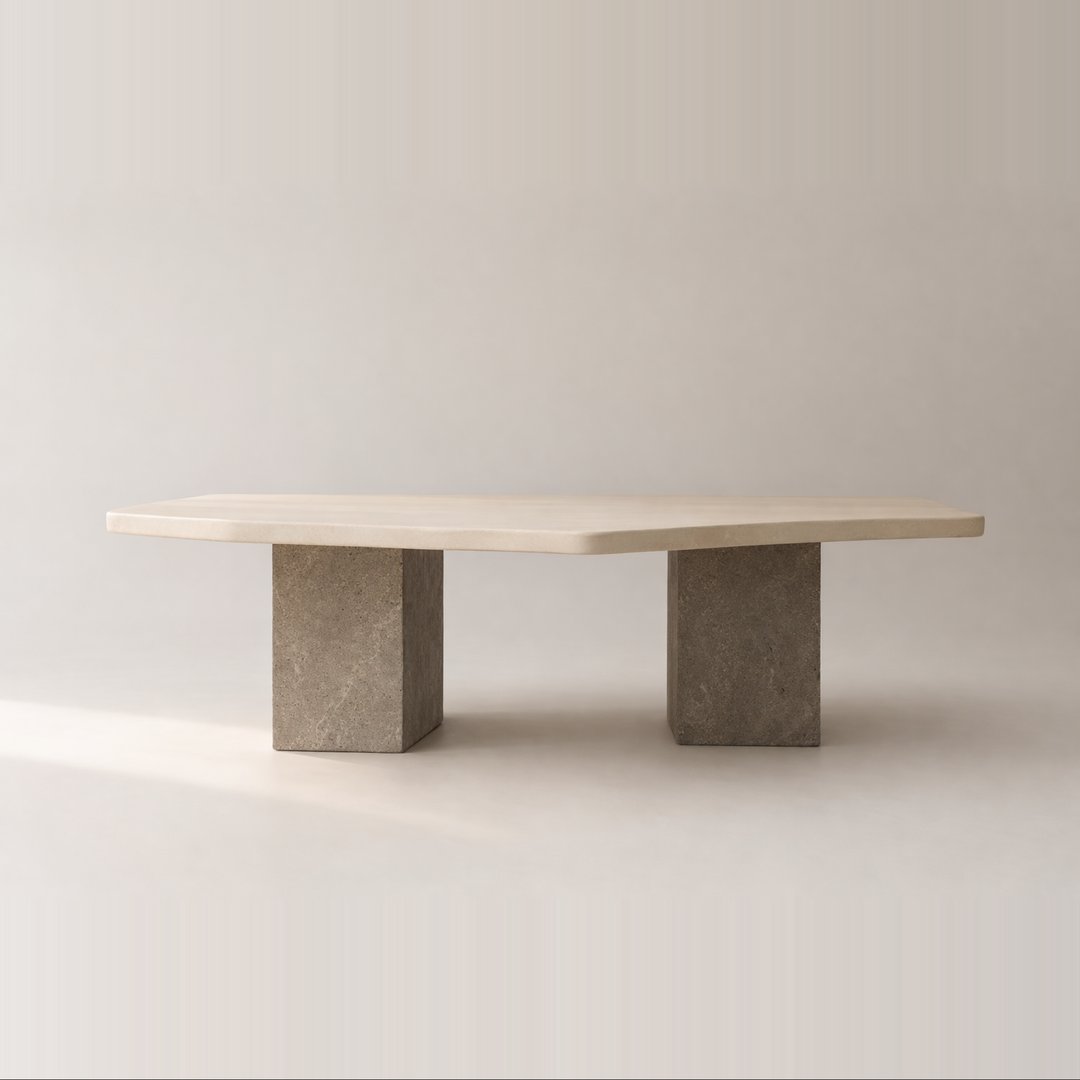 Bespoke travertine and concrete monolith table, custom furniture Bangkok