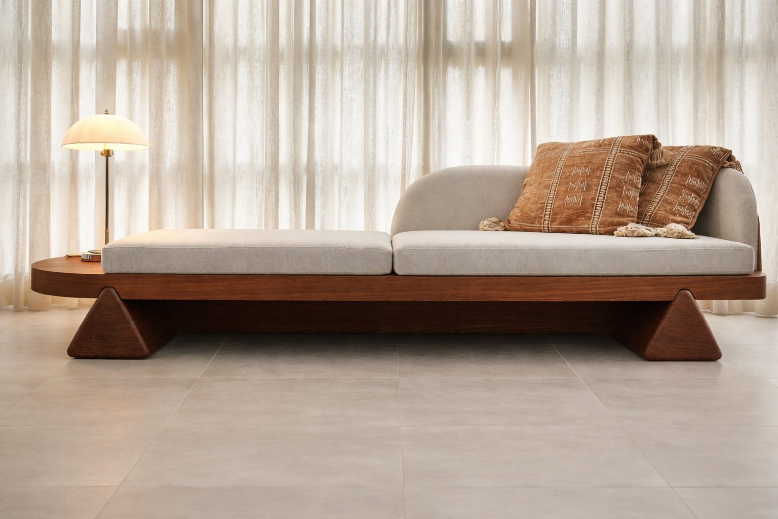 Solid walnut triangle daybed — bespoke furniture commission Thailand