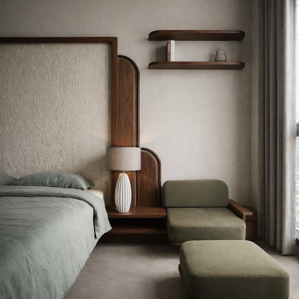 Custom joinery green suite — hospitality interior commission Bangkok