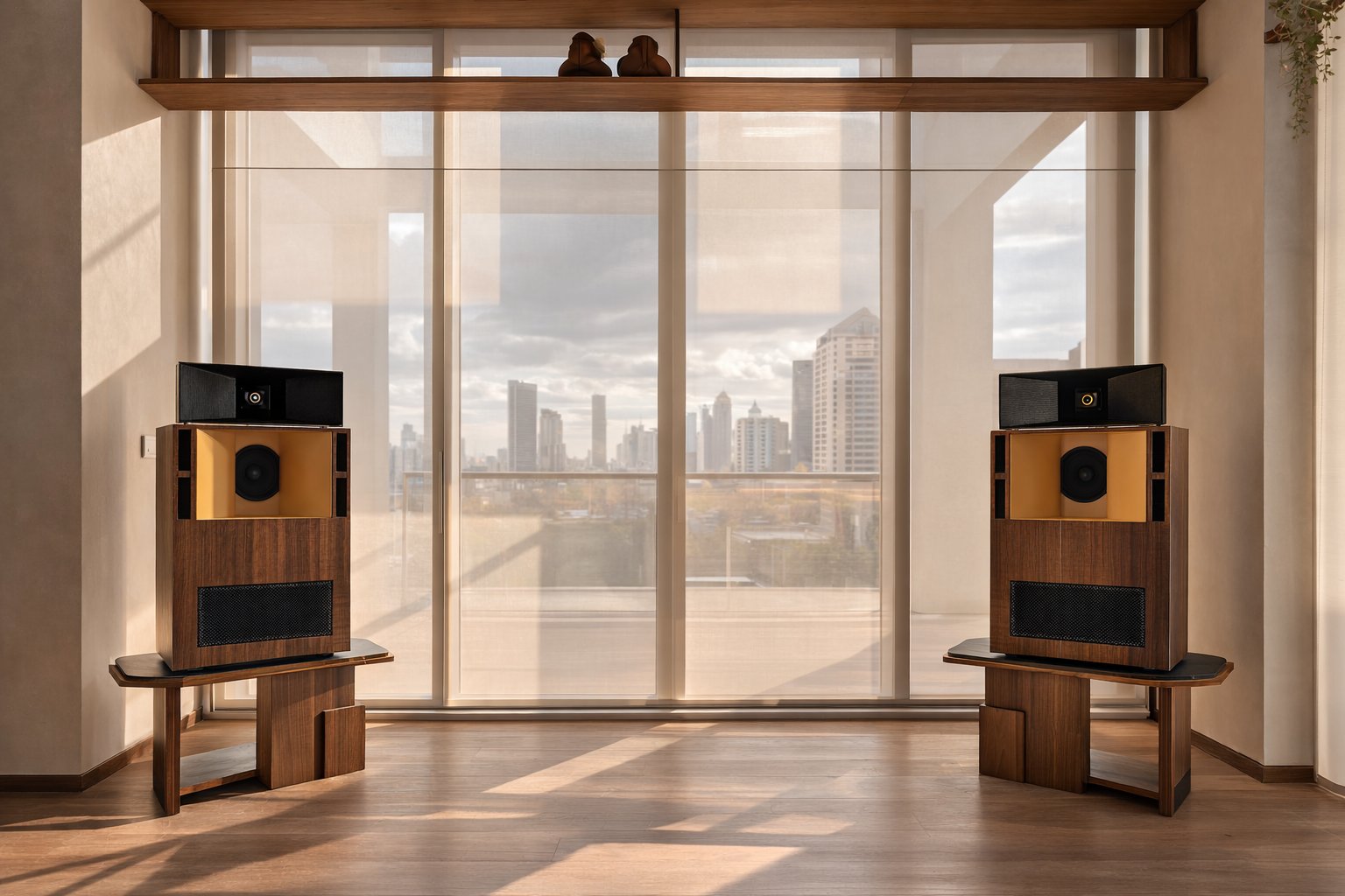 Custom walnut speaker console installation — HFB x Sky Lab audio furniture