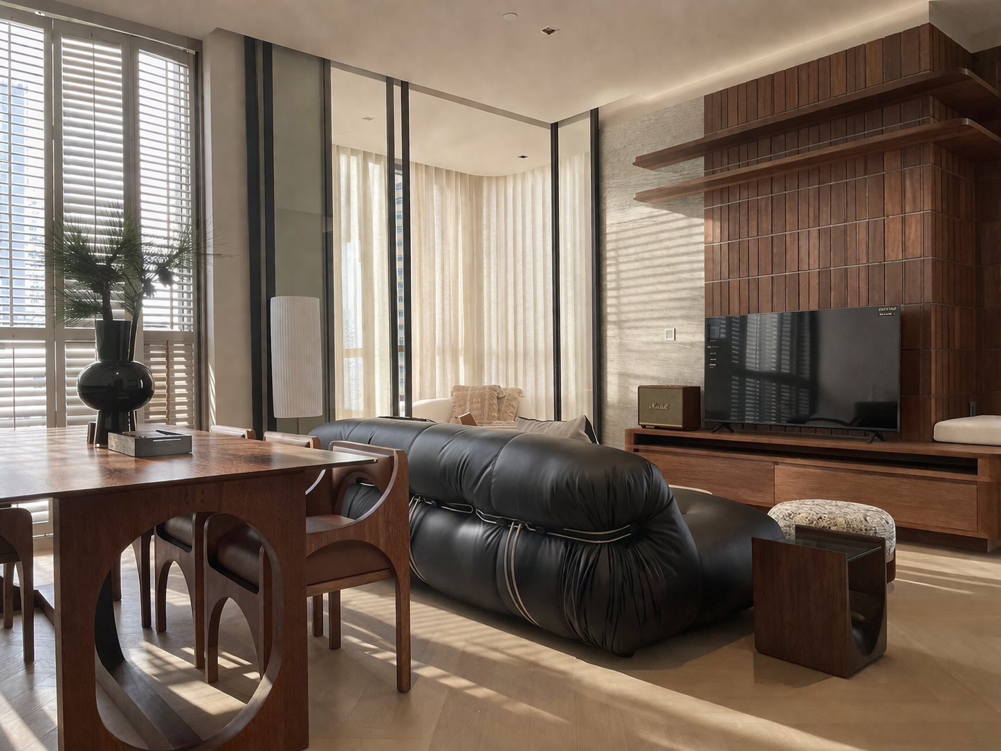 Custom walnut apartment commission Bangkok — TV wall, joinery and furniture